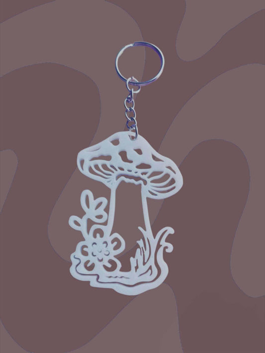White Mushroom Keychain, Boho Cottagecore Art